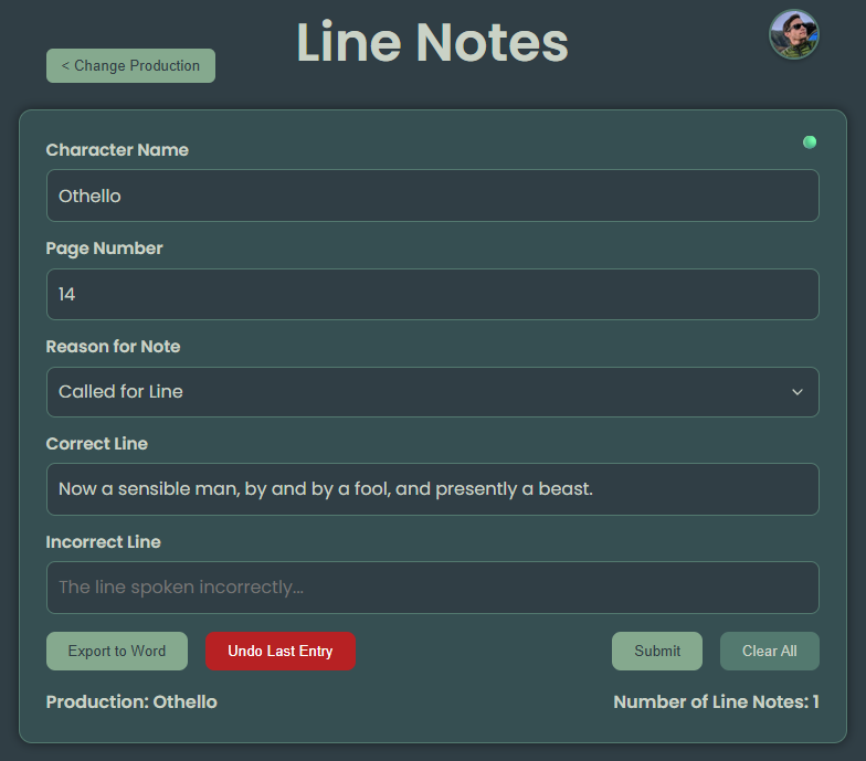 Linenotes Data Entry Screenshot
