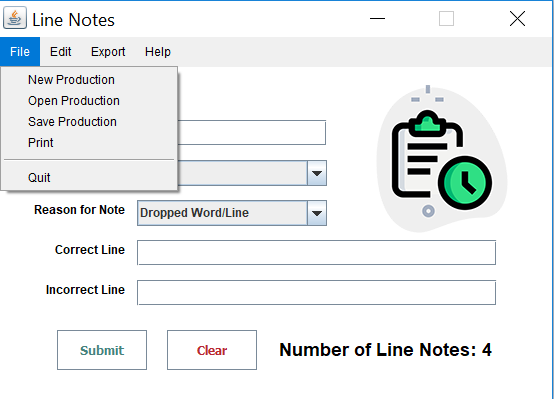 Linenotes Program Screenshot File Menu