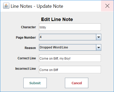 Update Line Note Dialog